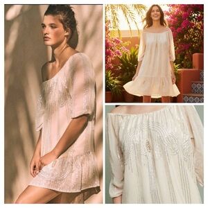 CAROLINA K. BEADED SANDS SWING OFF SHOULDER MINI DRESS WOMEN'S SIZE XS